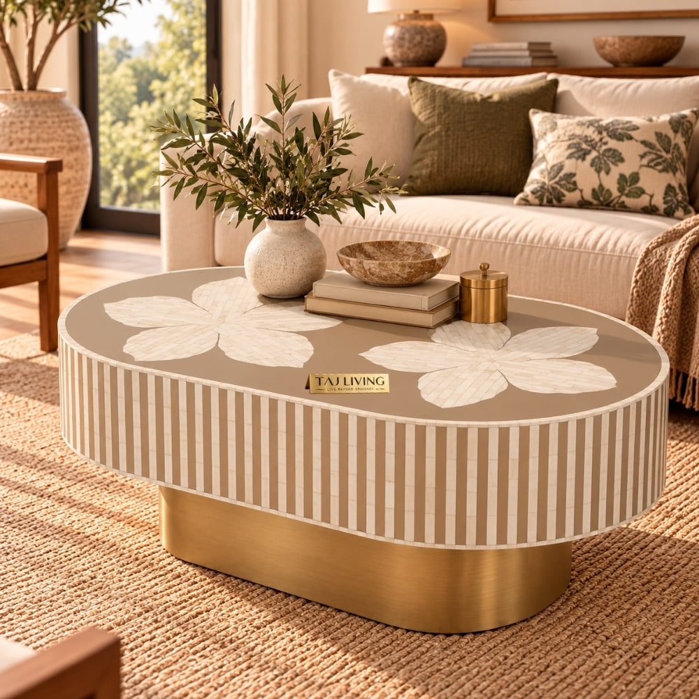 Luxury Bone Inlay Oval Coffee Table with Brass Base – Brown Floral Design Handmade Center Table