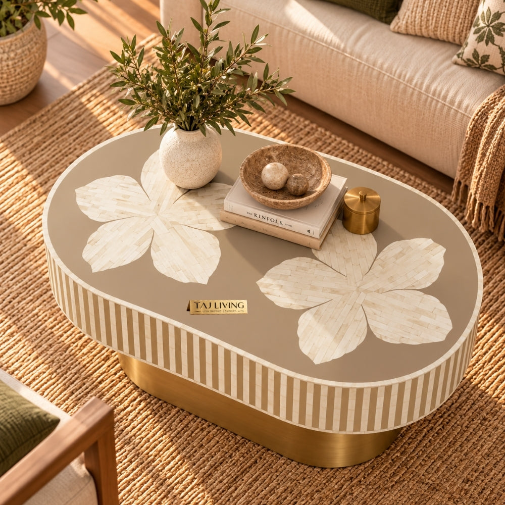 Luxury Bone Inlay Oval Coffee Table with Brass Base – Brown Floral Design Handmade Center Table