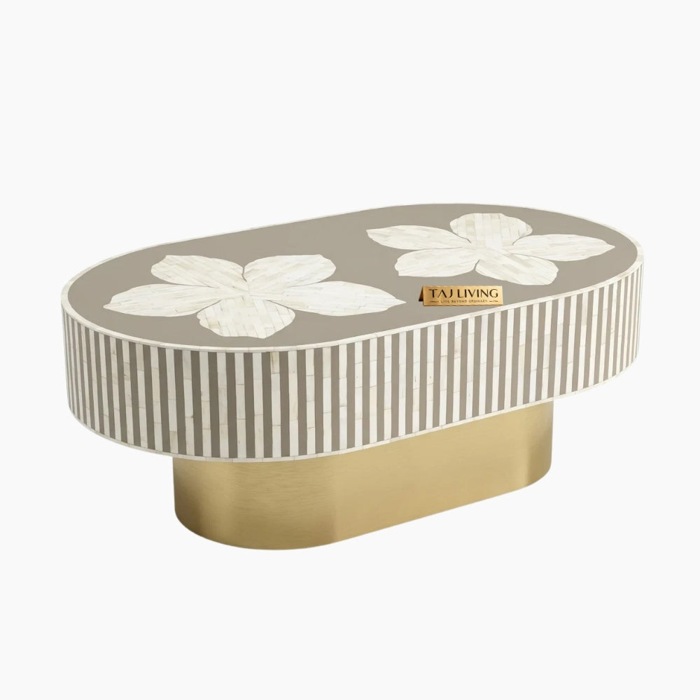 Luxury Bone Inlay Oval Coffee Table with Brass Base – Brown Floral Design Handmade Center Table