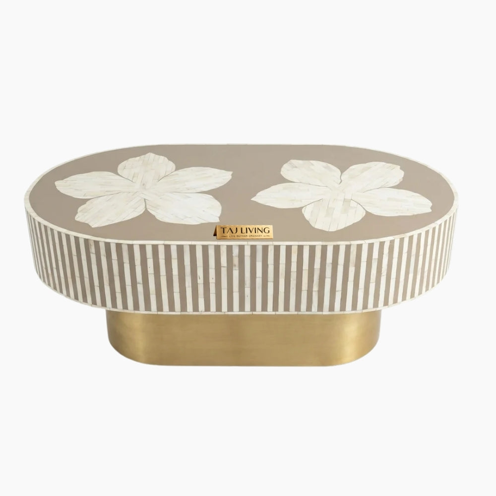 Luxury Bone Inlay Oval Coffee Table with Brass Base – Brown Floral Design Handmade Center Table