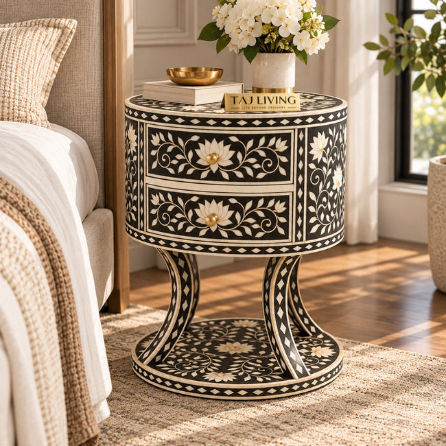 Zariya Black Bone Inlay Round Nightstand | Floral Boho Bedroom Furniture End Table Main Image