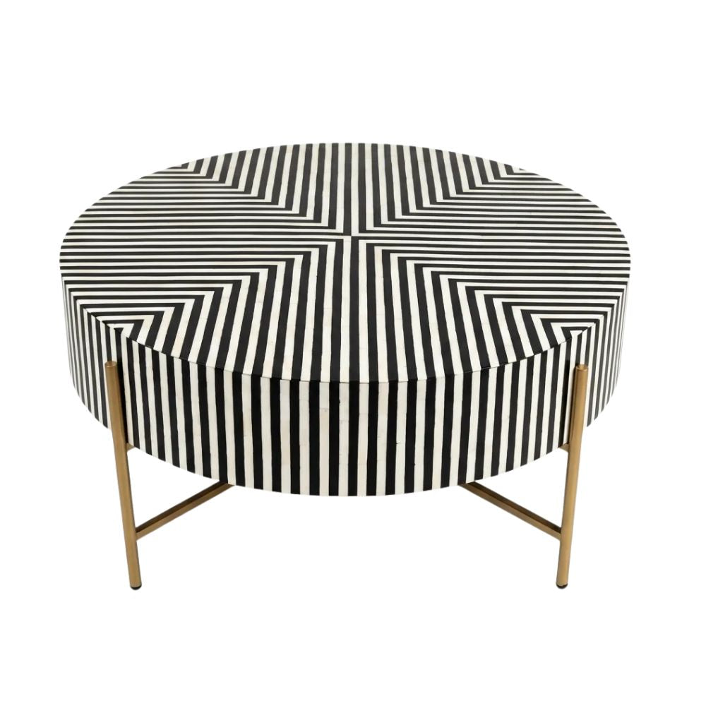Black Bone Inlay Coffee Table with Optical Pattern & Gold Powder-Coated Stand