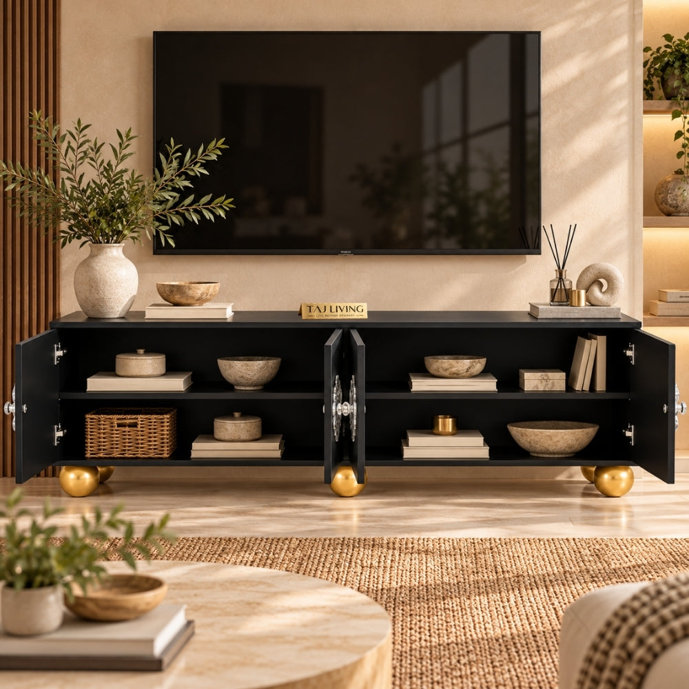 Mother of Pearl Inlay Black 4-Door TV Unit Media Cabinet