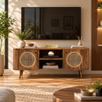 Rajasthani Mango Wood with Rattan TV Unit with 2 shelves