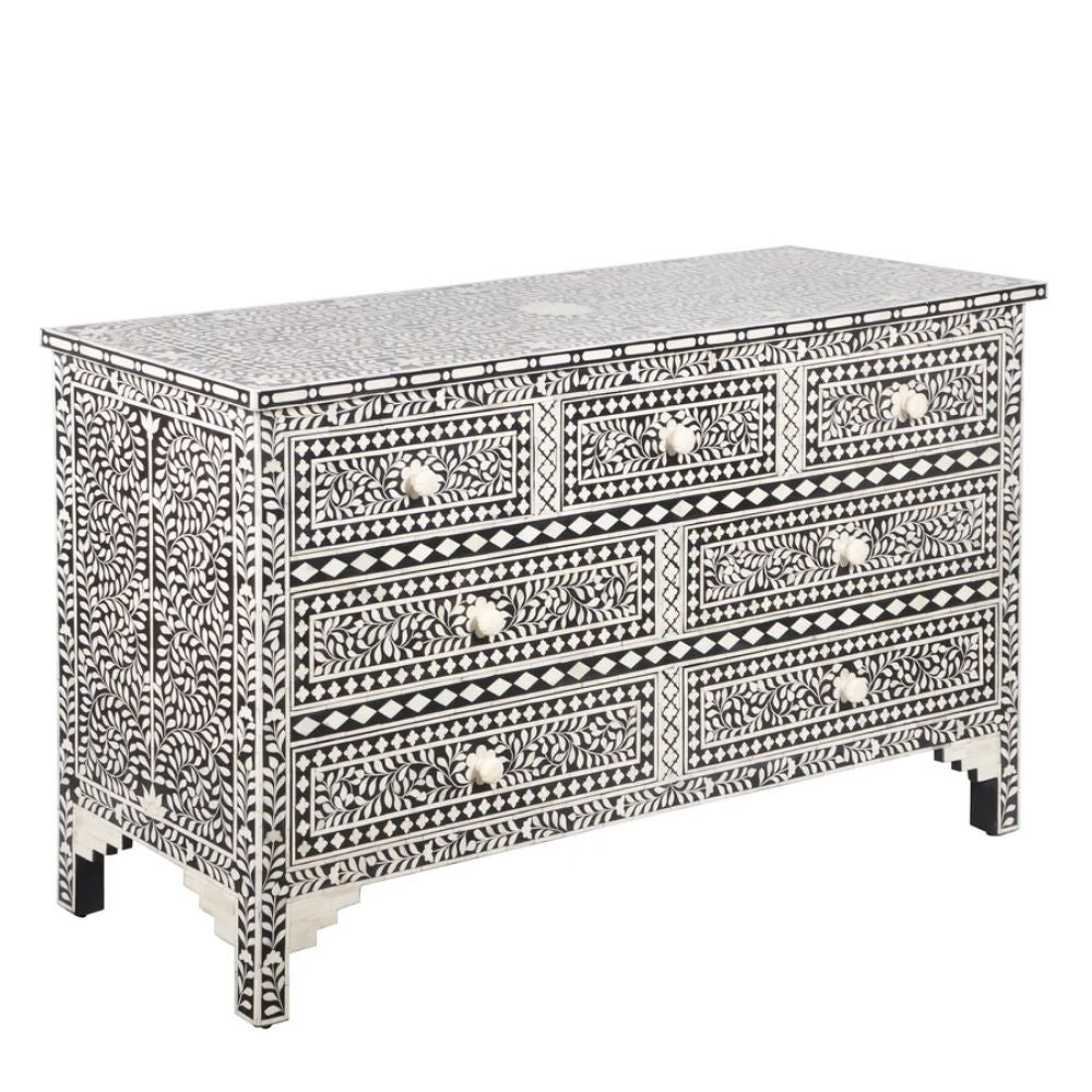 Maharaja Bone Inlay 7 Drawer Chest of Drawers - Black Floral