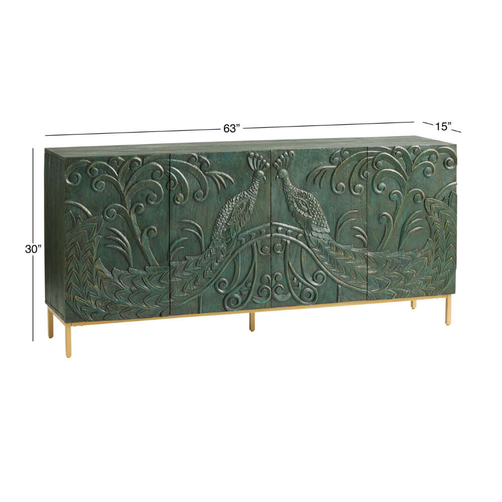 Vasudha Carved Wood Peacock 4 Door Storage Sideboard