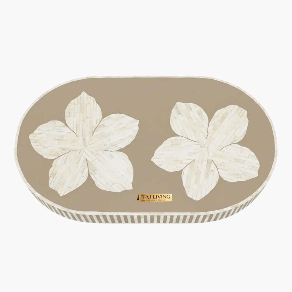 Luxury Bone Inlay Oval Coffee Table with Brass Base – Brown Floral Design Handmade Center Table