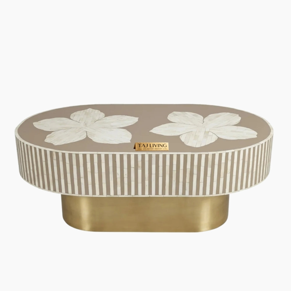 Luxury Bone Inlay Oval Coffee Table with Brass Base – Brown Floral Design Handmade Center Table
