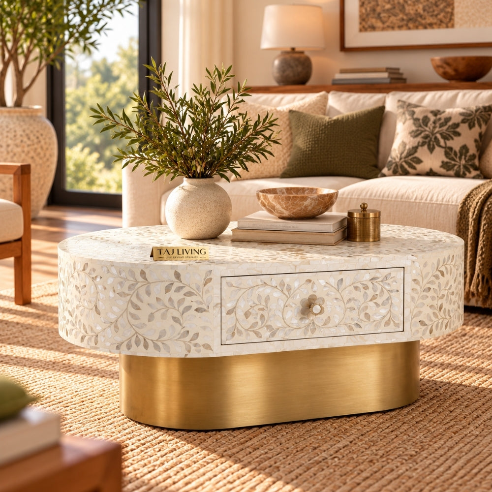 White Mother of Pearl Inlay Floral Oval Coffee Table with 1 Drawer & Brass Stand