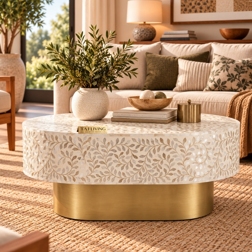 White Mother of Pearl Inlay Floral Oval Coffee Table with 1 Drawer & Brass Stand