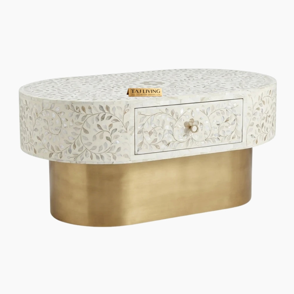 White Mother of Pearl Inlay Floral Oval Coffee Table with 1 Drawer & Brass Stand