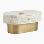 White Mother of Pearl Inlay Floral Oval Coffee Table with 1 Drawer & Brass Stand