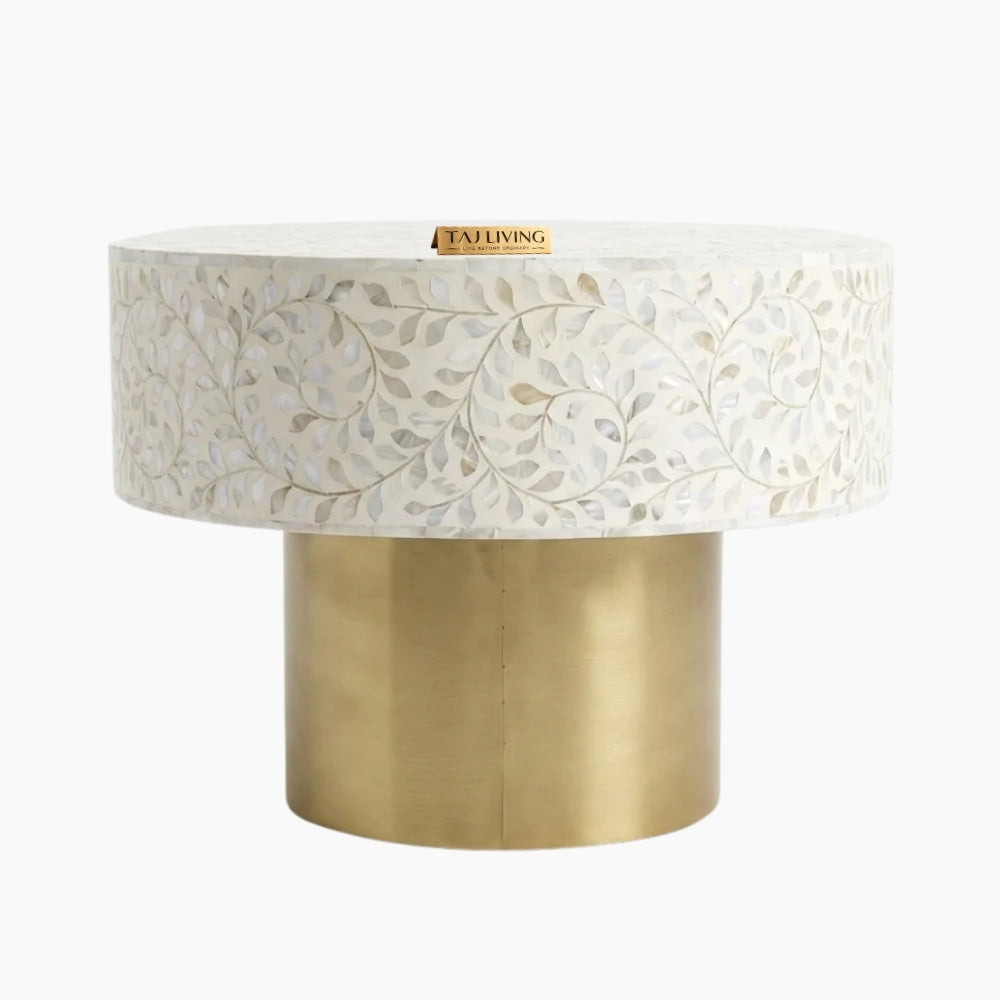 White Mother of Pearl Inlay Floral Oval Coffee Table with 1 Drawer & Brass Stand