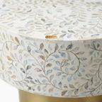 White Mother of Pearl Inlay Floral Oval Coffee Table with 1 Drawer & Brass Stand