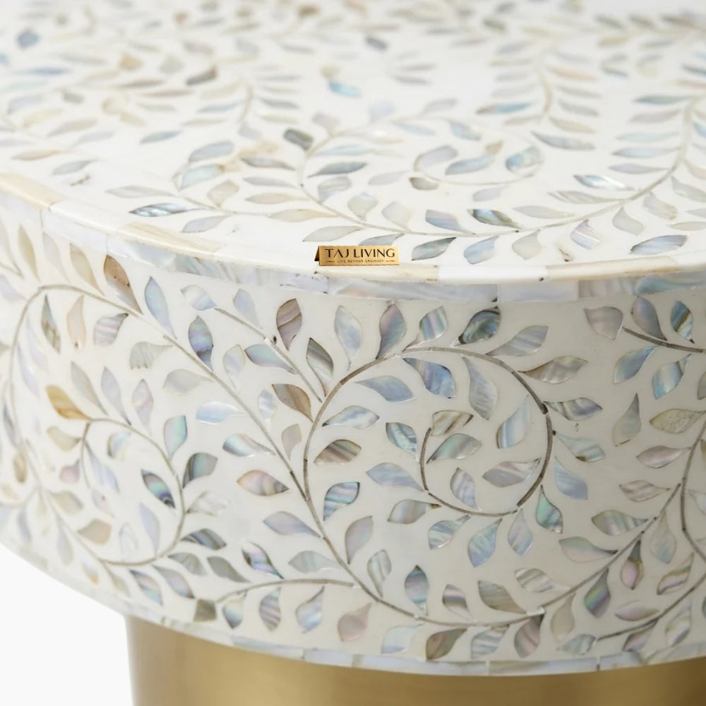 White Mother of Pearl Inlay Floral Oval Coffee Table with 1 Drawer & Brass Stand