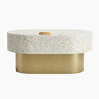 White Mother of Pearl Inlay Floral Oval Coffee Table with 1 Drawer & Brass Stand