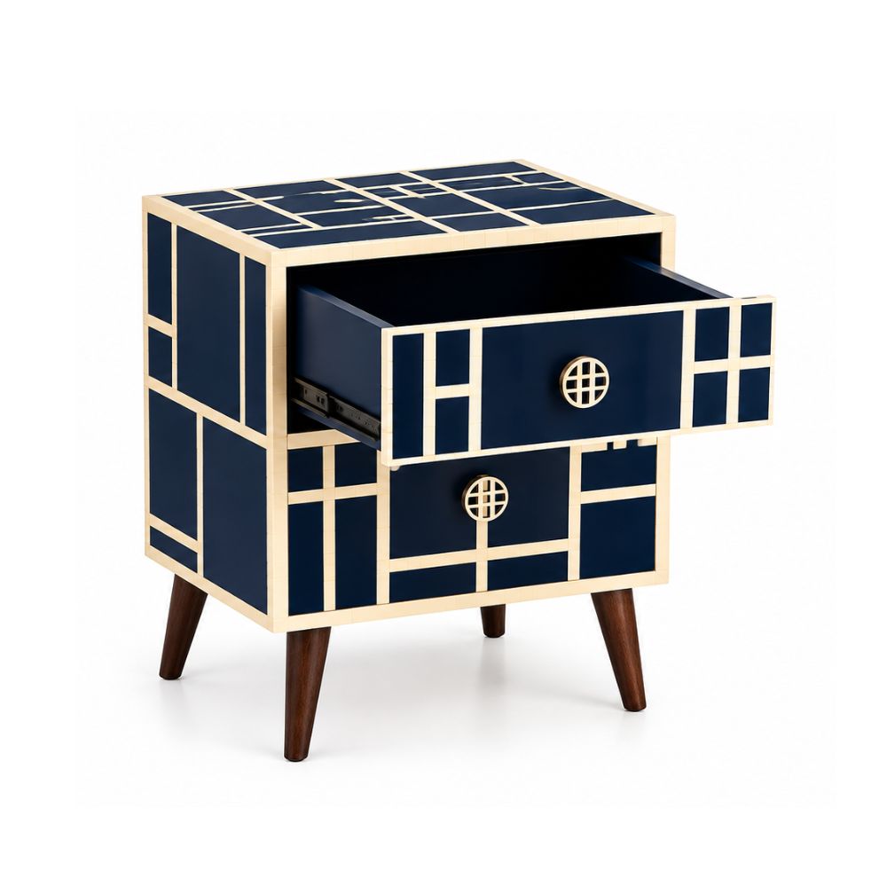 Mid Century Modern Nightstand | Navy Bone Inlay Bedside Table