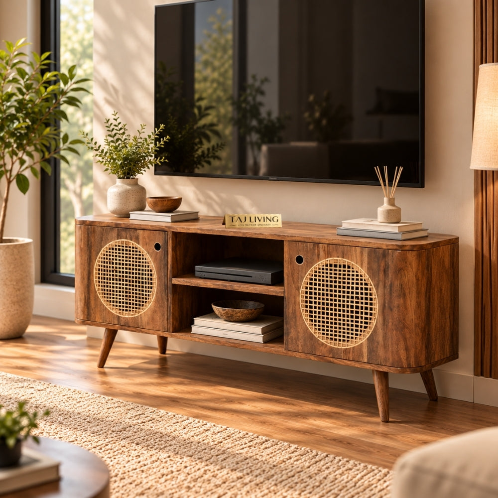 Rajasthani Mango Wood with Rattan TV Unit with 2 shelves