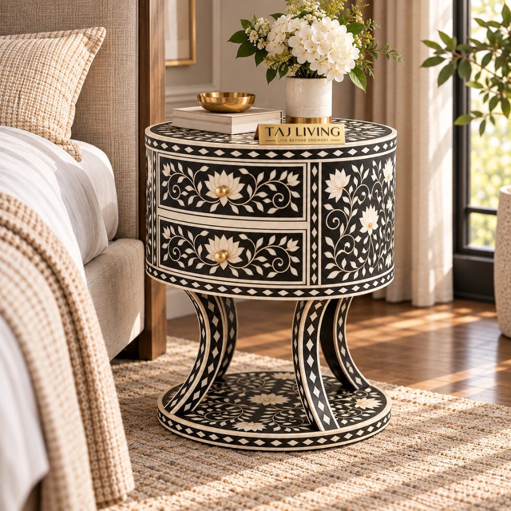 Zariya Black Bone Inlay Round Nightstand | Floral Boho Bedroom Furniture End Table