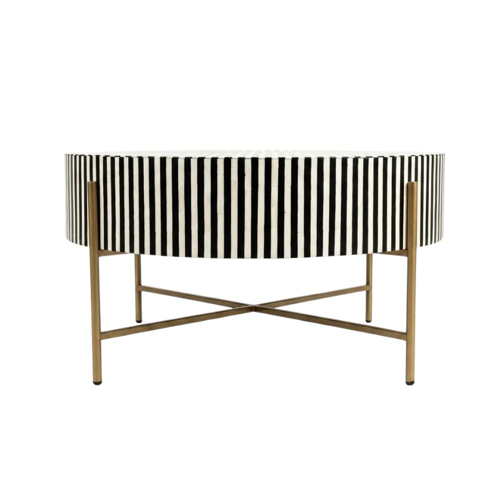 Black Bone Inlay Coffee Table with Optical Pattern & Gold Powder-Coated Stand