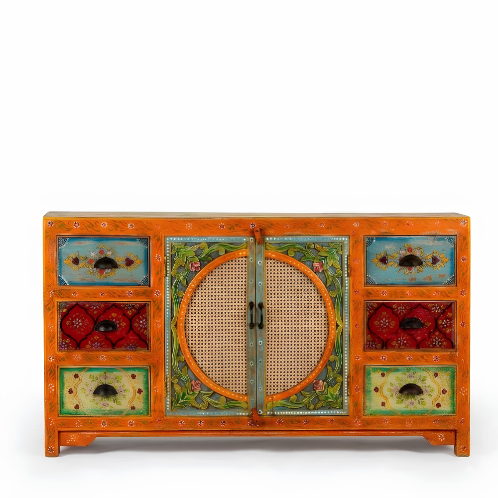 Gulnaar Solid Wood Sideboard with Cane Doors and Floral Drawers