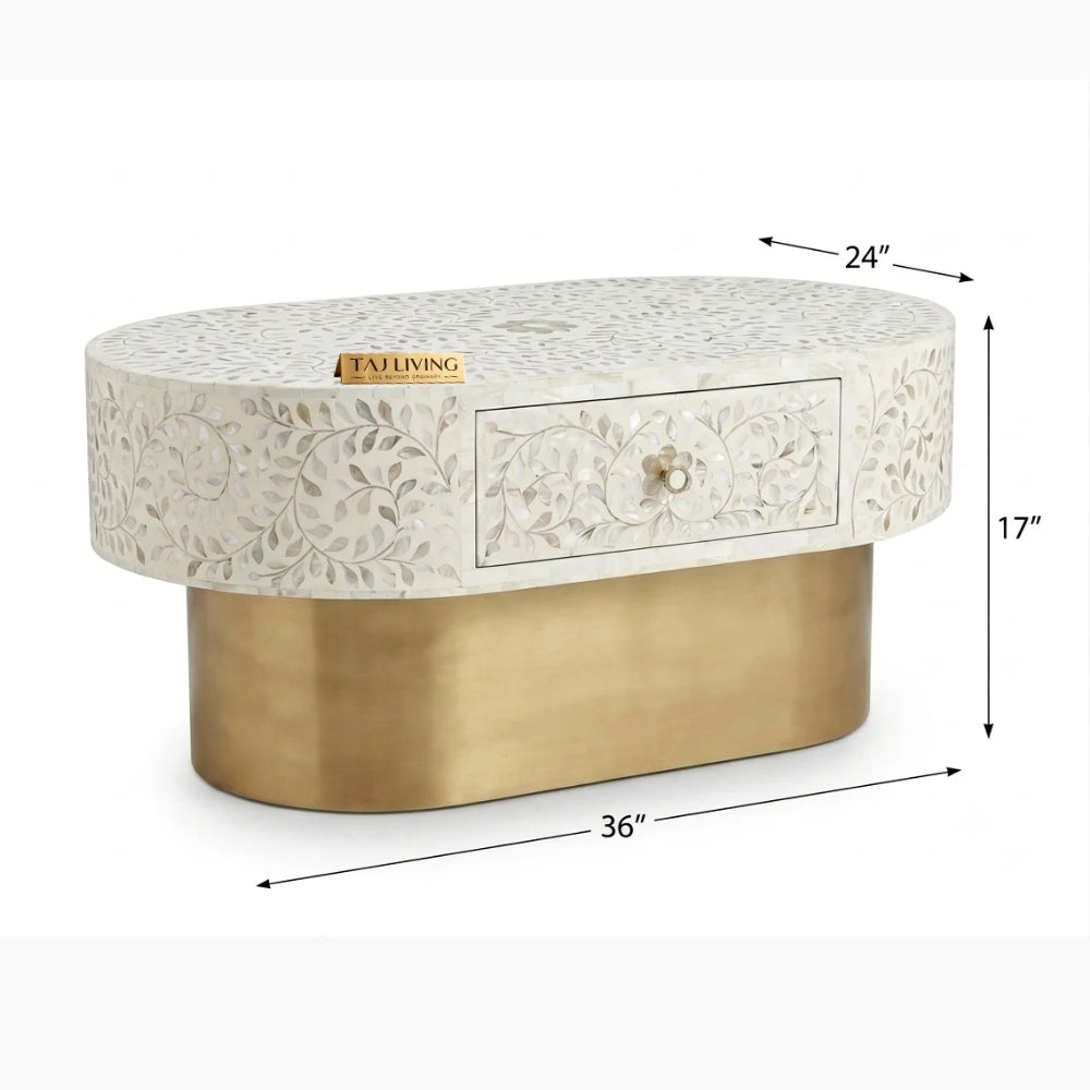 White Mother of Pearl Inlay Floral Oval Coffee Table with 1 Drawer & Brass Stand