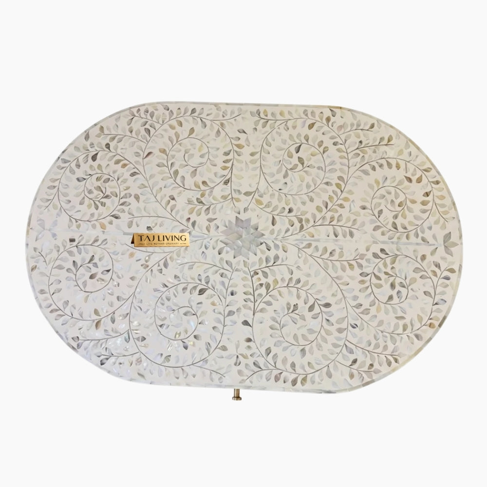 White Mother of Pearl Inlay Floral Oval Coffee Table with 1 Drawer & Brass Stand