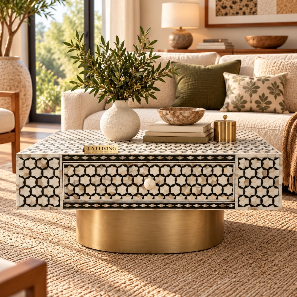 Mother of Pearl Inlay Targua Design Coffee Table – Black & White with Brass Base