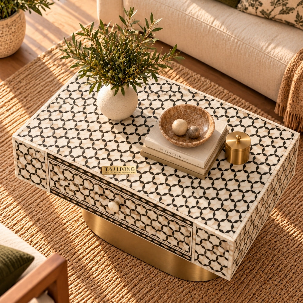Mother of Pearl Inlay Targua Design Coffee Table – Black & White with Brass Base