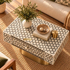 Mother of Pearl Inlay Targua Design Coffee Table – Black & White with Brass Base