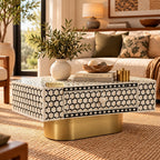 Mother of Pearl Inlay Targua Design Coffee Table – Black & White with Brass Base