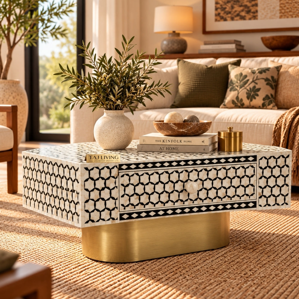 Mother of Pearl Inlay Targua Design Coffee Table – Black & White with Brass Base