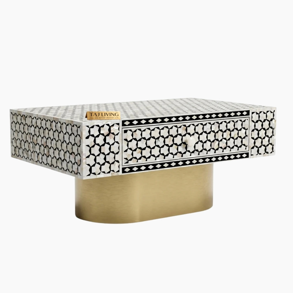 Mother of Pearl Inlay Targua Design Coffee Table – Black & White with Brass Base