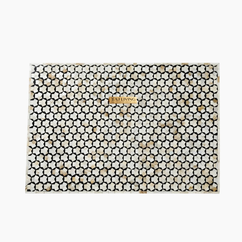 Mother of Pearl Inlay Targua Design Coffee Table – Black & White with Brass Base