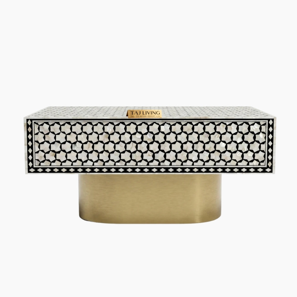 Mother of Pearl Inlay Targua Design Coffee Table – Black & White with Brass Base