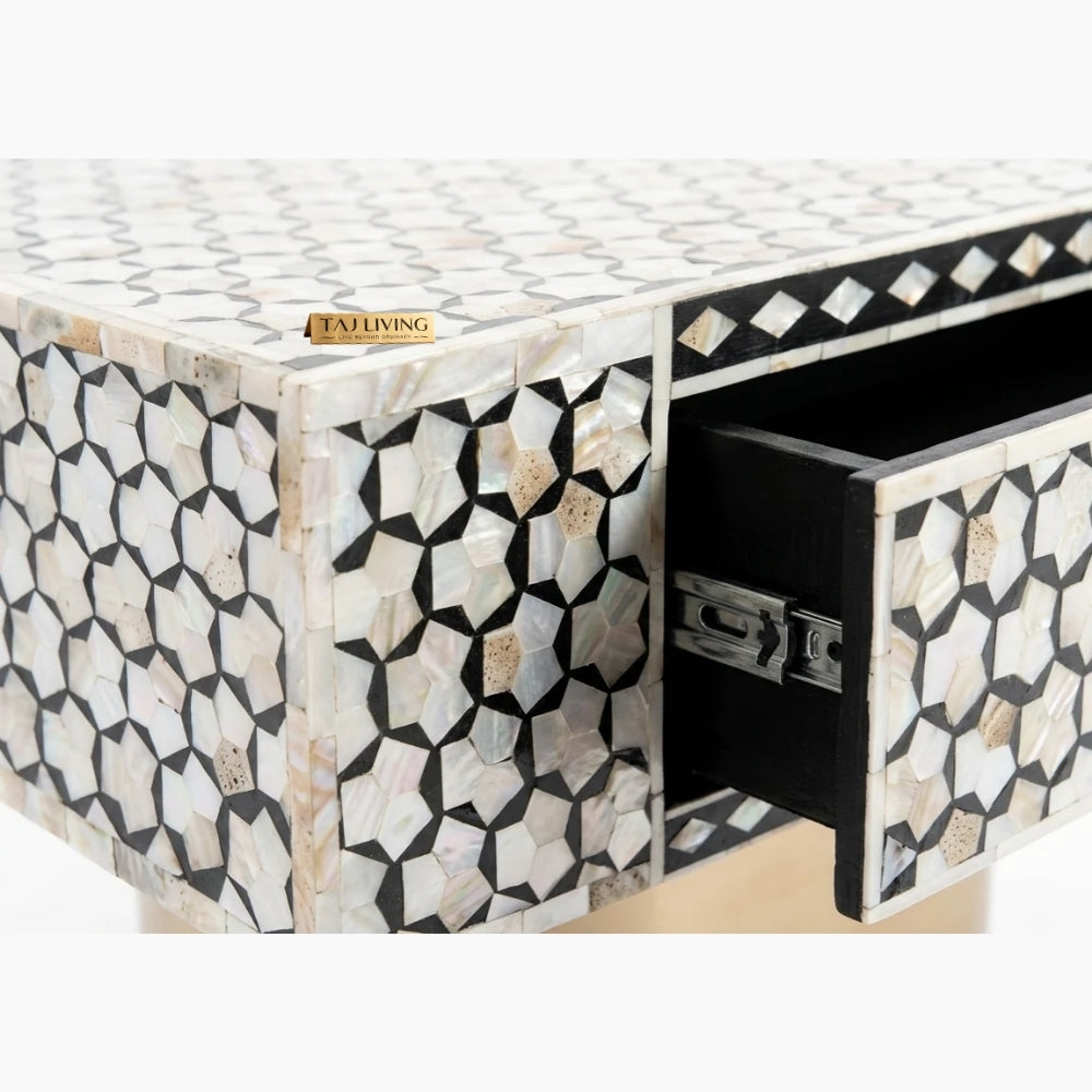 Mother of Pearl Inlay Targua Design Coffee Table – Black & White with Brass Base