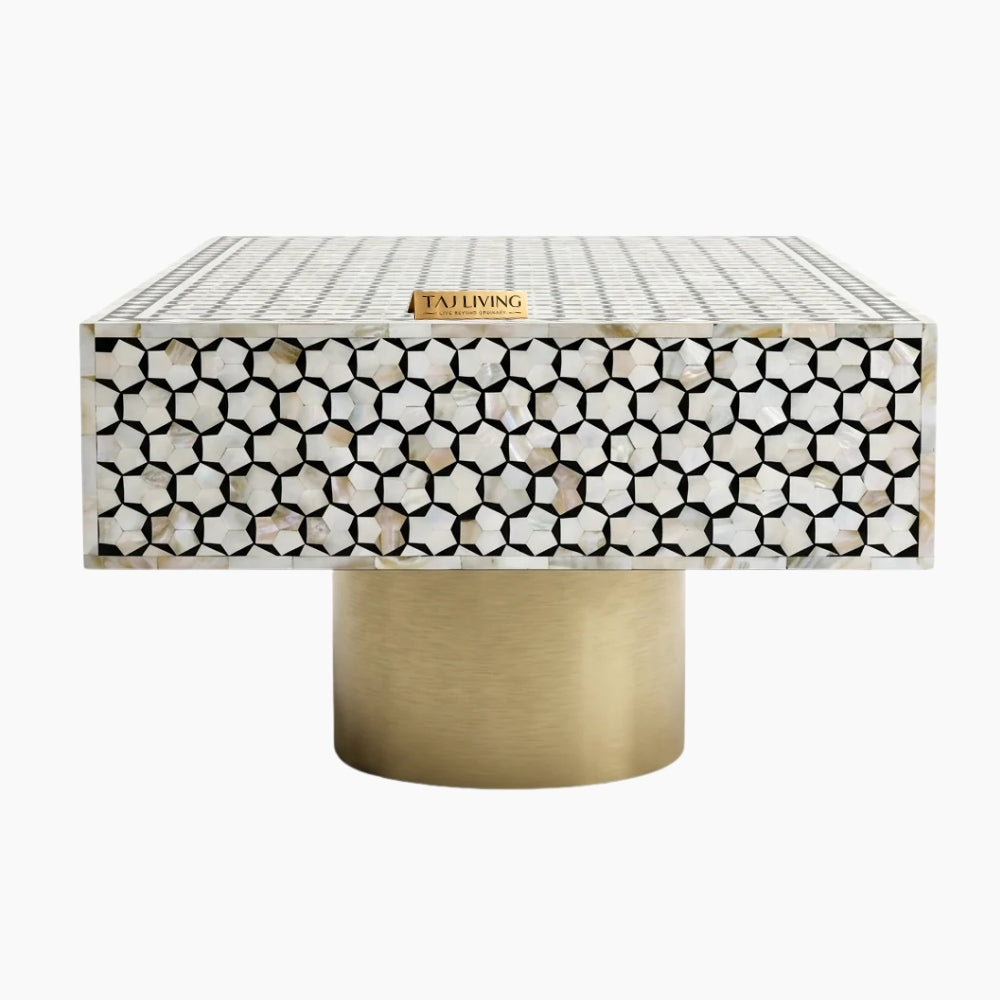 Mother of Pearl Inlay Targua Design Coffee Table – Black & White with Brass Base