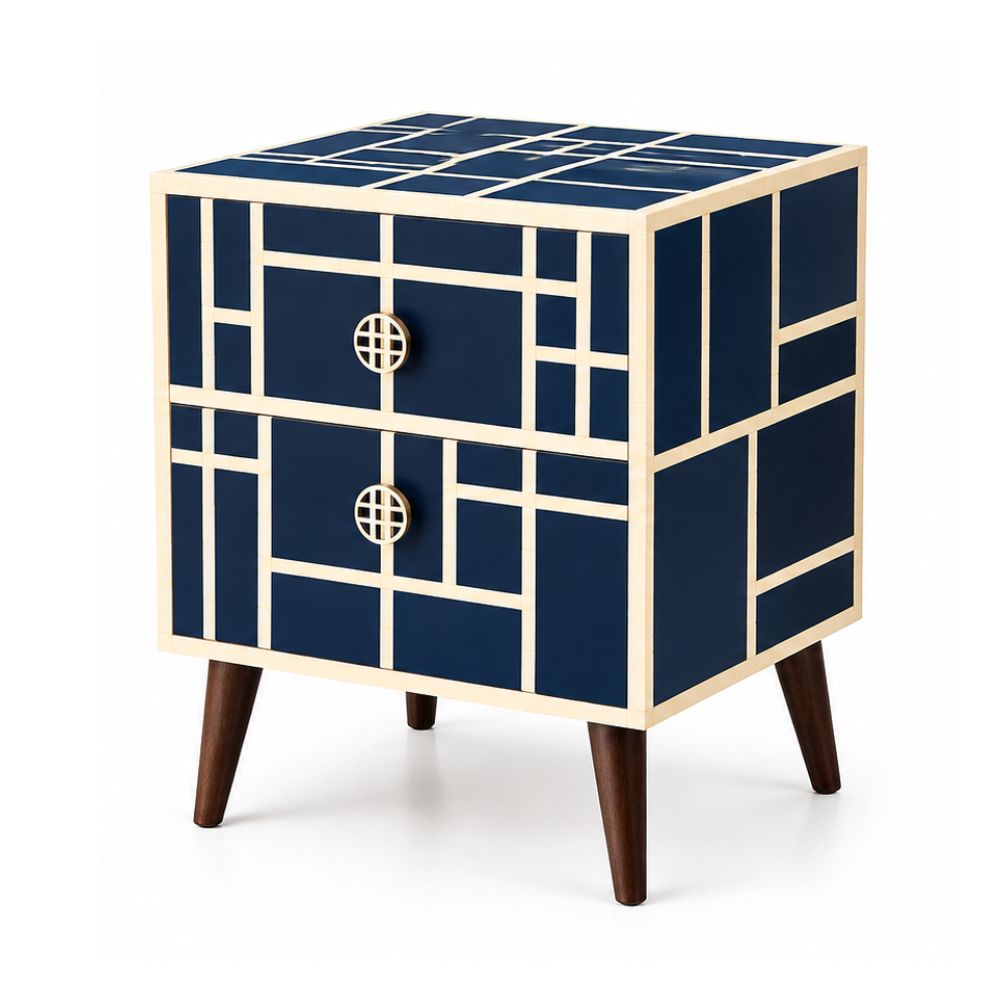 Mid Century Modern Nightstand | Navy Bone Inlay Bedside Table
