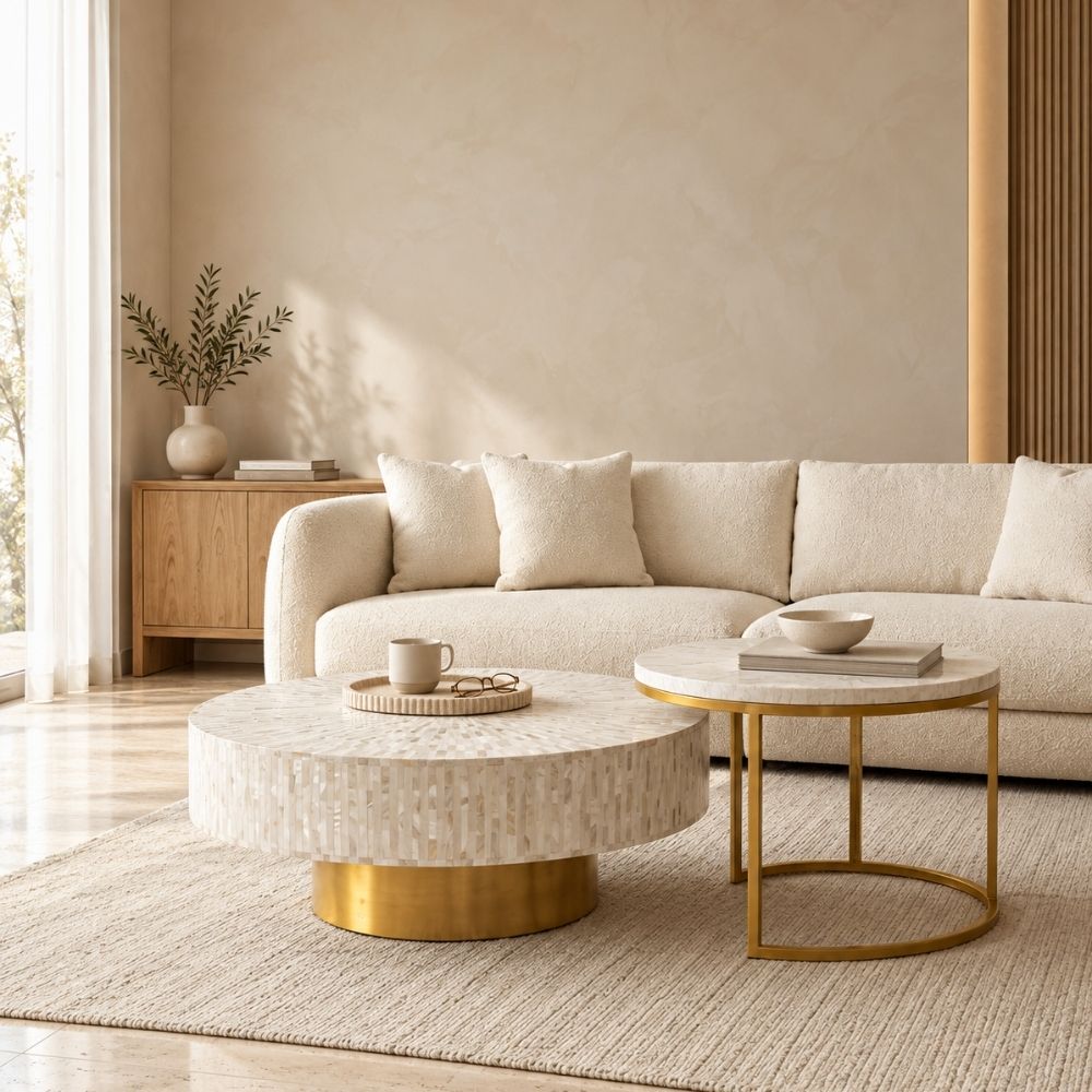 Mother of Pearl Inlay Coffee Table and Nesting Table Set, White Round Tables