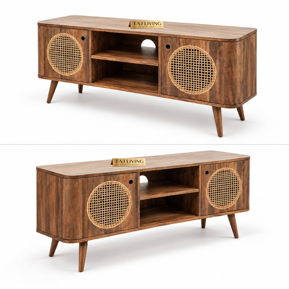 Rajasthani Mango Wood with Rattan TV Unit with 2 shelves