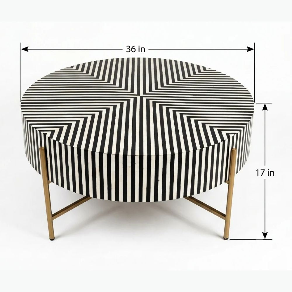 Black Bone Inlay Coffee Table with Optical Pattern & Gold Powder-Coated Stand