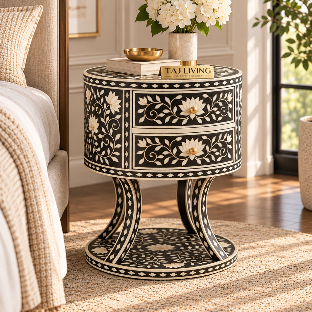 Zariya Black Bone Inlay Round Nightstand | Floral Boho Bedroom Furniture End Table