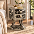 Zariya Black Bone Inlay Round Nightstand | Floral Boho Bedroom Furniture End Table