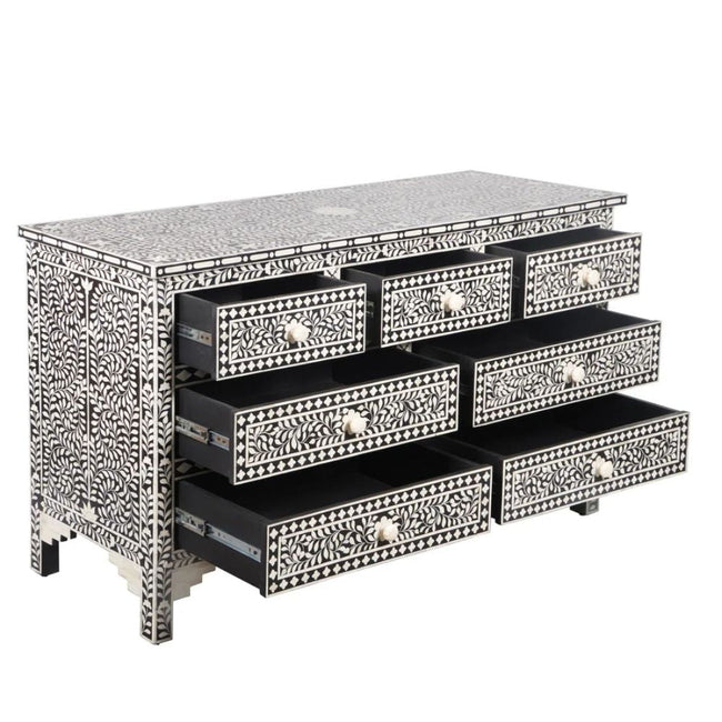 Maharaja Bone Inlay 7 Drawer Chest of Drawers - Black Floral Main Image