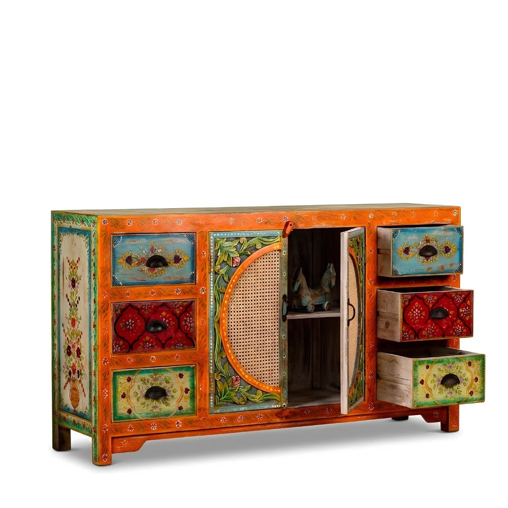 Gulnaar Solid Wood Sideboard with Cane Doors and Floral Drawers