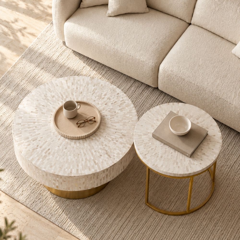Mother of Pearl Inlay Coffee Table and Nesting Table Set, White Round Tables