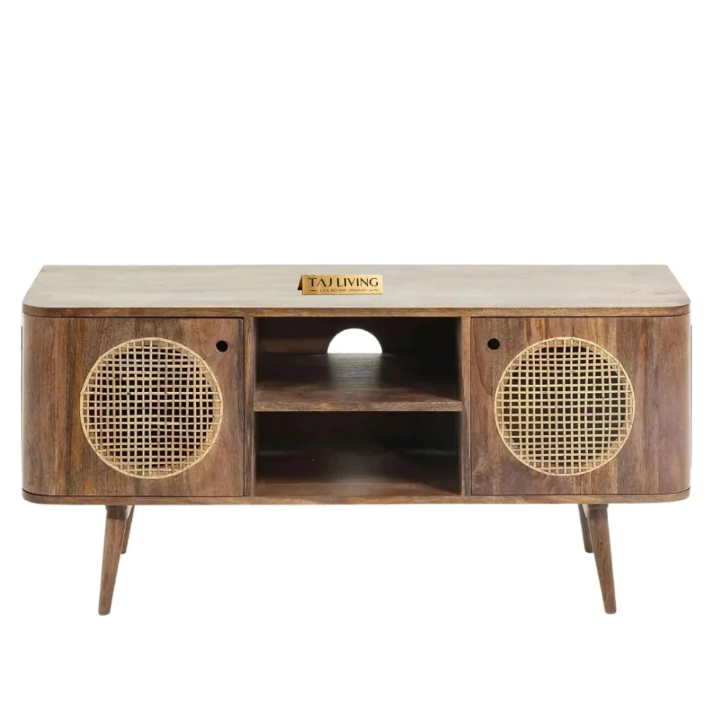 Rajasthani Mango Wood with Rattan TV Unit with 2 shelves