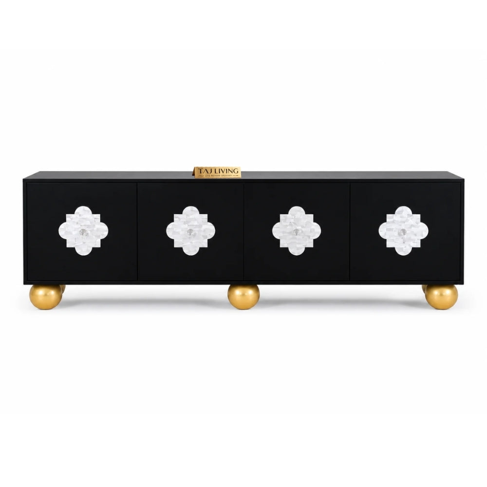 Mother of Pearl Inlay Black 4-Door TV Unit Media Cabinet
