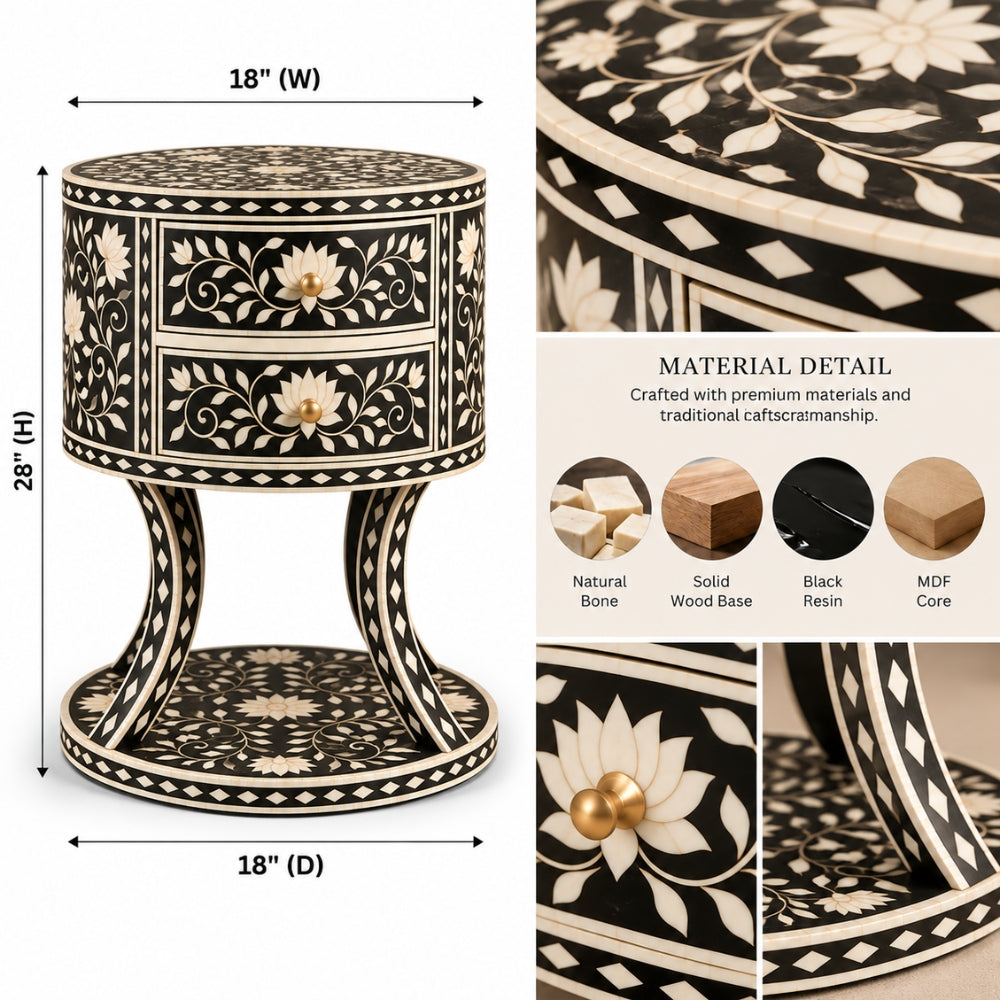 Zariya Black Bone Inlay Round Nightstand | Floral Boho Bedroom Furniture End Table
