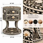 Zariya Black Bone Inlay Round Nightstand | Floral Boho Bedroom Furniture End Table